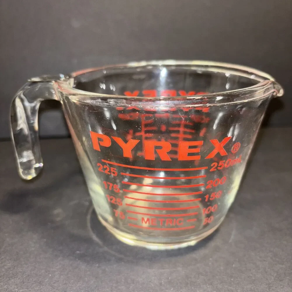 Pyrex 1 Cup Clear Measuring Cup with Red Graphics Oven Safe Made in USA
